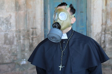Priest wearing a gas mask 