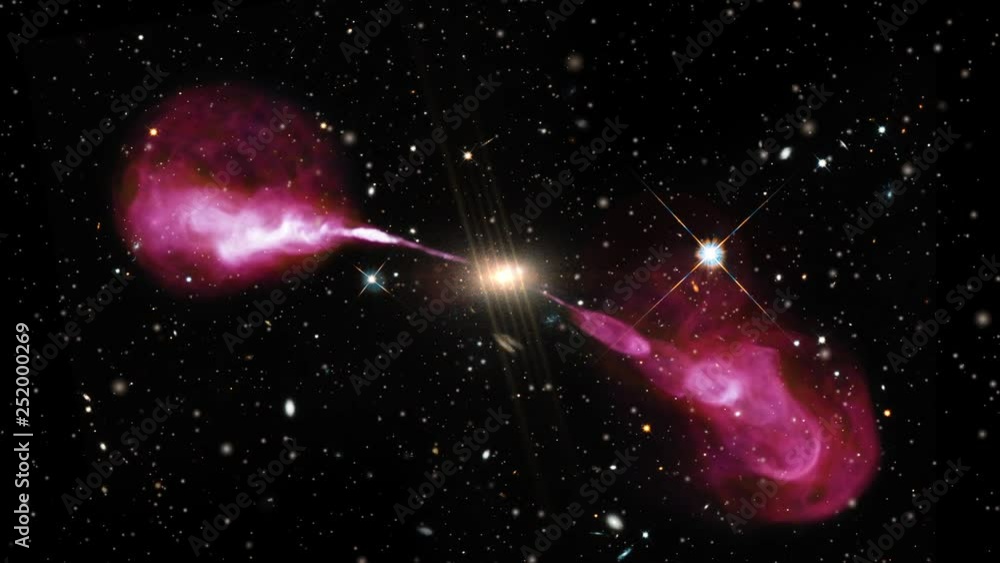 Wall mural radio wavelength galaxy red plasma fields in outer space with bright flare light at center. contains