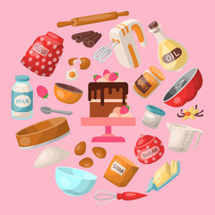 Baking cartoon tools and food seamless pattern. Kitchen utensils. Baking ingredients sugar, vanilla, flour, oil, butter, baking soda, cake, eggs. Cooking vector illustration.