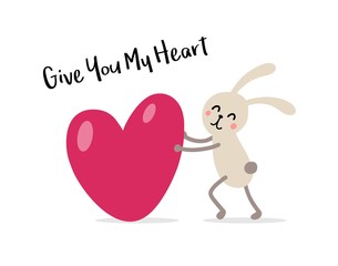 Funny bunny with big red heart. Flat vector animal illustration greetings card