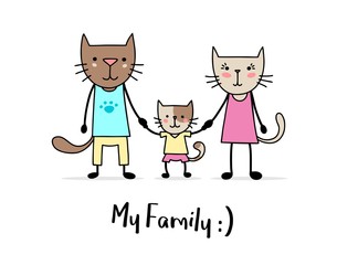 Family of two cats father and mother with his son. Cartoon flat vector animal illustration card