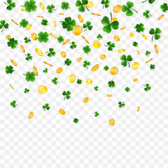Saint Patrick's Day Border with Green Four and Tree Leaf Clovers and gold coins on White Background. Irish Lucky and success symbols. Vector illustration