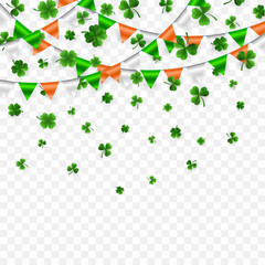 Saint Patrick's Day Border with Green Four and Tree 3D Leaf Clovers with Flags Garland on White Background. Irish Lucky and success symbols. Vector illustration