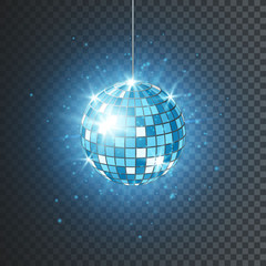 Fototapeta na wymiar Disco or mirror ball with bright rays. Music and dance night party background. Abstract night club retro background 80s and 90s. Vector illustration