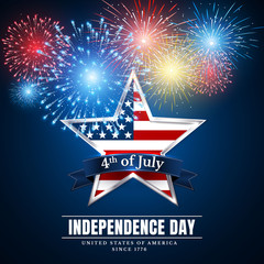 4 th july usa star, independence day. Fireworks. Festival colorful firework. Vector llustration on blue background