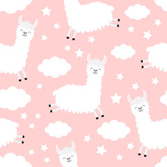 Fototapeta premium Seamless Pattern. Alpaca llama jumping. Cloud star in the sky. Cute cartoon kawaii funny smiling baby character. Wrapping paper, textile template. Nursery decoration. Pink background. Flat design