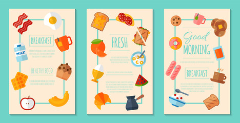 Fresh breakfast concept set of posters or banners vector illustration. Healthy start day. Eating in the morning. Good morning. Fruit breakfast. Toast and egg. Coffee, porridge, fruits, milk.