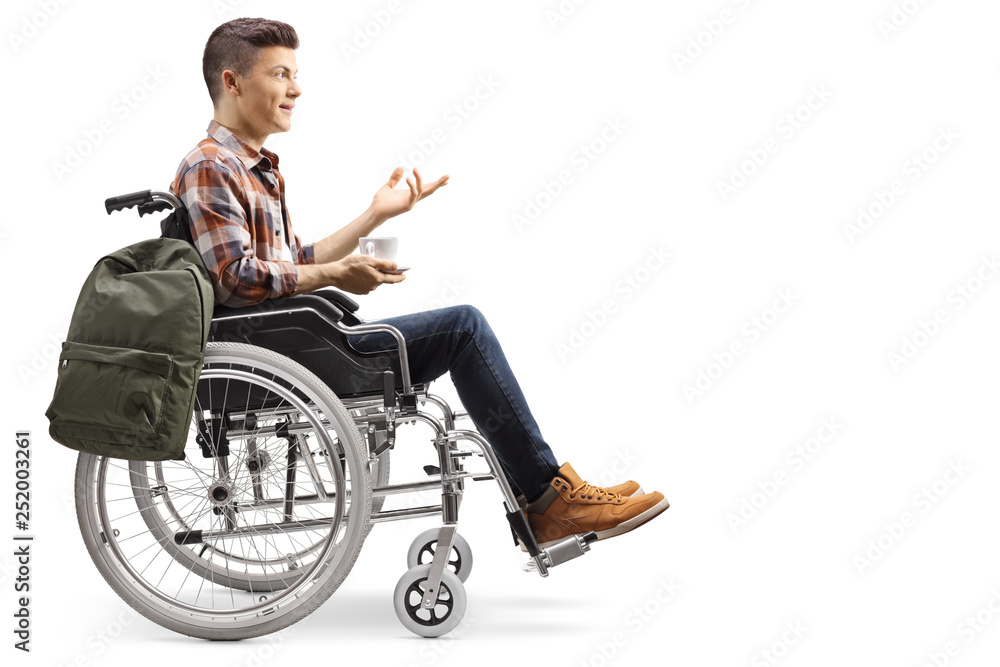 Poster Disabled male student with a cup of coffee in a wheelchair