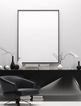 Modern home interior in black and white colors, mock up poster frame, 3d render