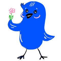 Blue bird with pink flower. Cute cartoon character design for greetings, birthday cards, interior decoration, poster, print, pattern, fabric. Smiley face, good mood. Hand drawn painting. Holiday theme