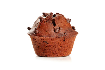 A side view of a chocolate chip muffin on a white background with copy space
