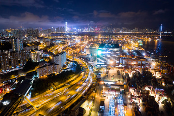 Naklejka na ściany i meble Top view of Hong Kong Kwai Tsing Container Terminals at night