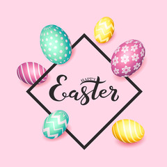 Hand sketched inscription Happy Easter text, holiday greeting card. Hand drawn Easter poster, banner template, lettering typography. Text with egg and flower decorative frame