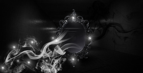 Mirror magic, fortune telling and fulfillment of desires. Fantasy with a mirror, dark room, magical...