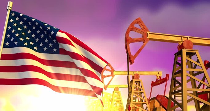 USA flag waving on background of oil wells pumping oil on sunset. Oil industry concept, 4K 3d animation