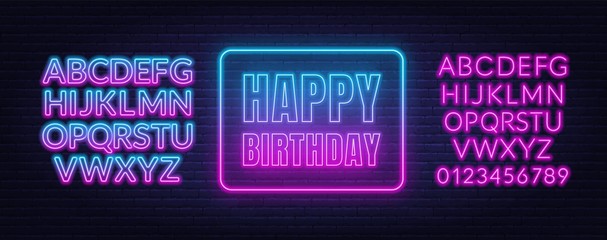 Happy birthday neon sign. Greeting card template on dark background. - obrazy, fototapety, plakaty