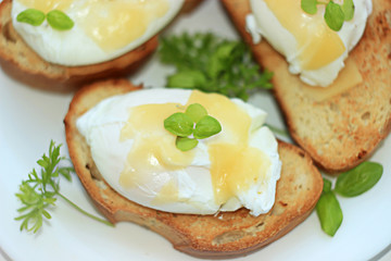 Poached eggs on toasted baguette slices.with a cucumber on a white plate