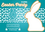 Easter Party poster or invitation design with eggs and cute bunny. Vector illustration.