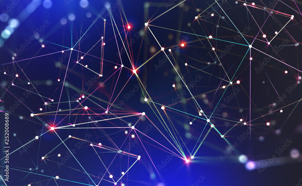 Poster Global neural network. Communication technology of the future. Big Data concept. 3D illustration of a polygonal mesh in abstract cyberspace