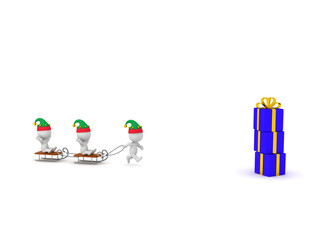 3D Characters in Elf Hats Going Toward Gifts