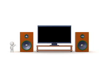 3D Character Showing Large TV with Speakers