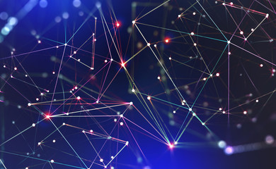 Global neural network. Communication technology of the future. Big Data concept. 3D illustration of a polygonal mesh in abstract cyberspace