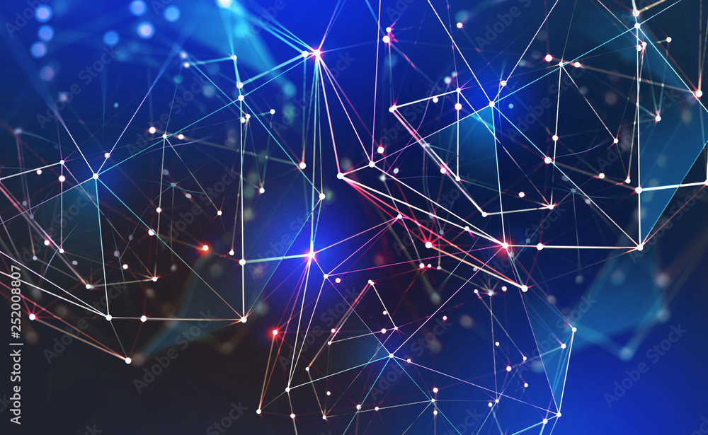 Fototapete Global neural network. Communication technology of the future. Big Data concept. 3D illustration of a polygonal mesh in abstract cyberspace