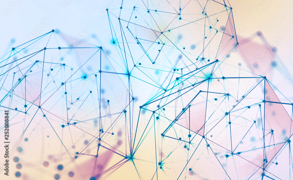 Poster Global neural network. Communication technology of the future. Big Data concept. 3D illustration of a polygonal mesh in abstract cyberspace