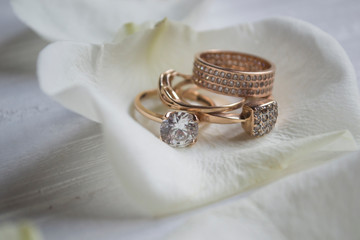 Golden rings on a white petals of roses.