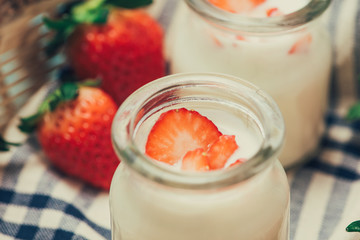 Strawberry Yoghurt. Healthy food with Strawberries and yoghurt breakfast on table.