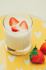 Strawberry Yoghurt. Healthy food with Strawberries and yoghurt breakfast on table.