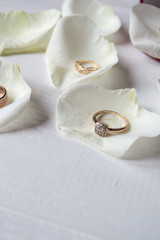 Golden rings on a white petals of roses.