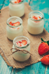 Strawberry Yoghurt. Healthy food with Strawberries and yoghurt breakfast on table.
