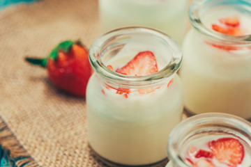 Strawberry Yoghurt. Healthy food with Strawberries and yoghurt breakfast on table.