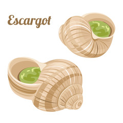 Escargot. French dish of snails isolated on white background. Vector illustration in flat style. Template for restaurant menu, package and advertising.