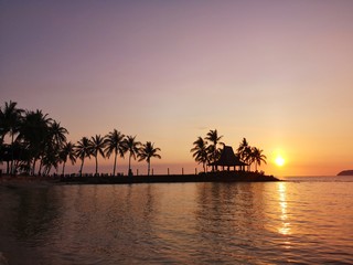 Fototapeta na wymiar Beautiful sunset surrounding with coconut trees on the shore. 