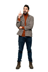 Fototapeta premium Full-length shot of Handsome man with beard thinking an idea pointing the finger up on isolated white background