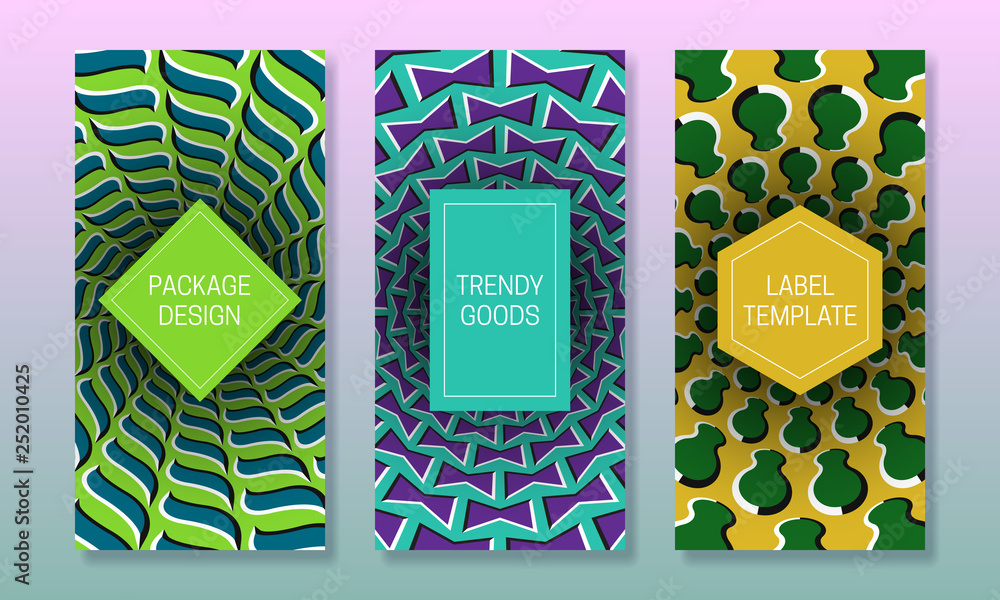 Poster optical illusion packaging design. moving colorful backgrounds with frames for text. set of abstract