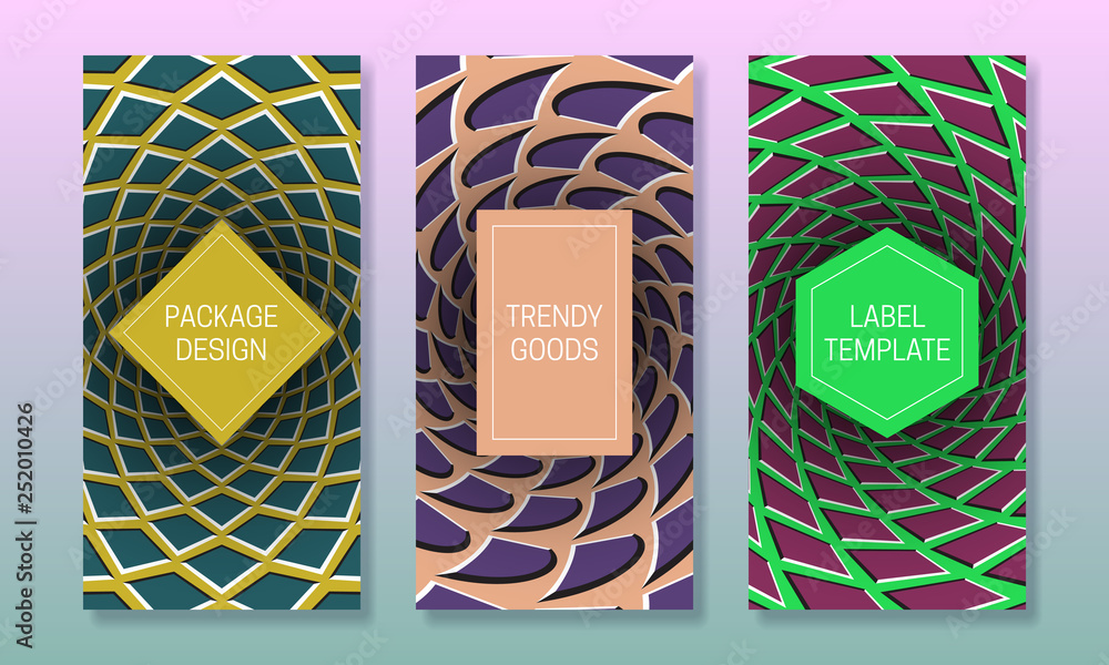 Poster optical illusion packaging design. moving colorful backgrounds with frames for text. set of abstract
