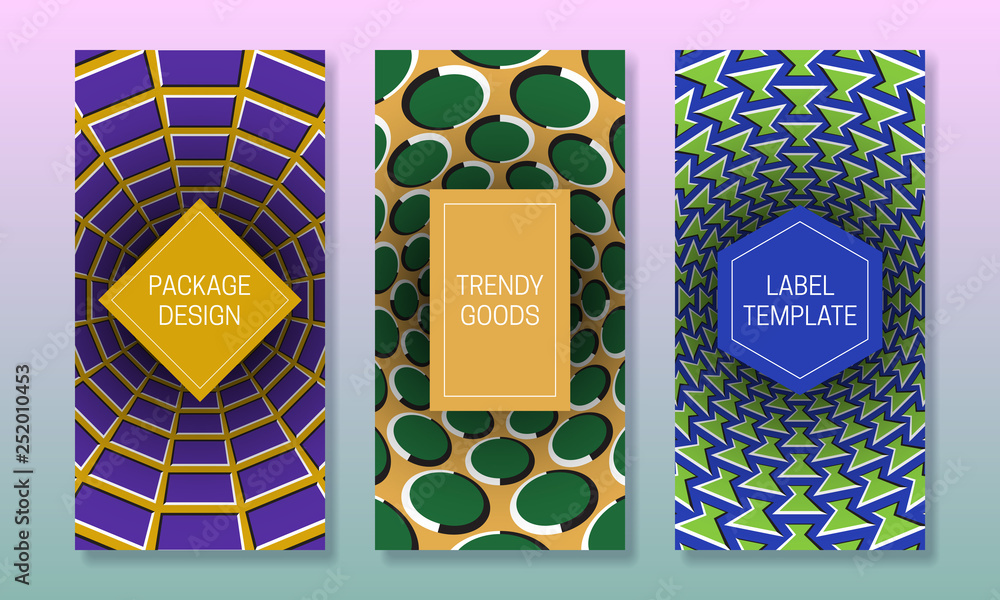 Poster optical illusion packaging design. moving colorful backgrounds with frames for text. set of abstract