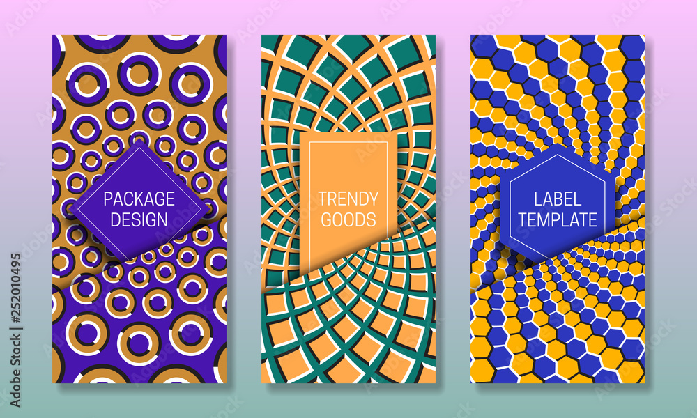 Poster set of packaging design with optical illusion backgrounds. moving hypnotic backdrop with frames in p