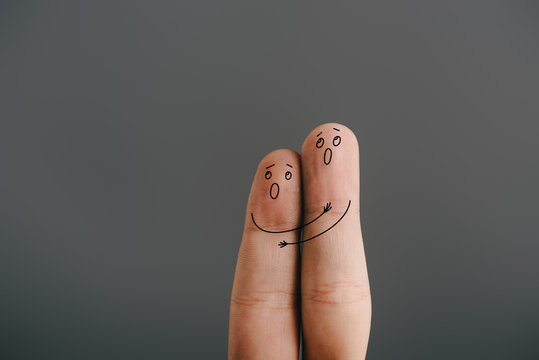 Cropped View Of Frightened Couple Of Fingers Hugging And Screaming Isolated On Grey