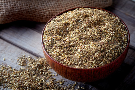 Za'atar (zatar), Middle Eastern spice mixture in wooden bowl