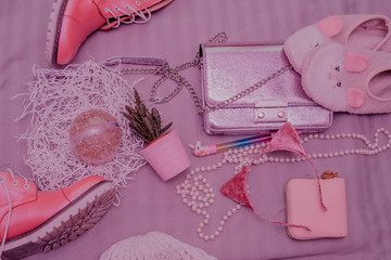 Flat lay toned image of girl stuff