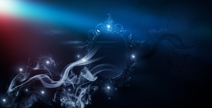 Mirror magic, fortune telling and fulfillment of desires. Fantasy with a mirror, dark room, magical power, night view.