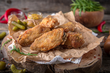 Juicy, crispy chicken wings breaded on wooden background, rustic style.. Fast food 