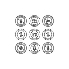Caffeine, alcohol, sugar free black vector label set. Nuts, peanuts, corn free circle stamp badge signs.