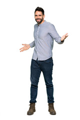 Full-length shot of Elegant man with shirt proud and self-satisfied in love yourself concept on isolated white background