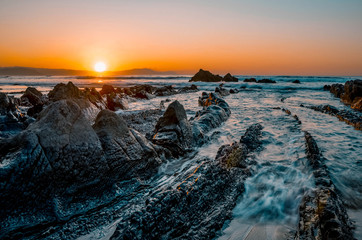  Beautiful sunset at Barrika beach, Vizcaya, Basque Country, Spain
