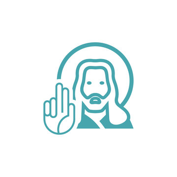 The vector illustration Jesus blesses with a hand. Set of two vector icons. Blessing from the son Bozhego Jesus. Flat design 